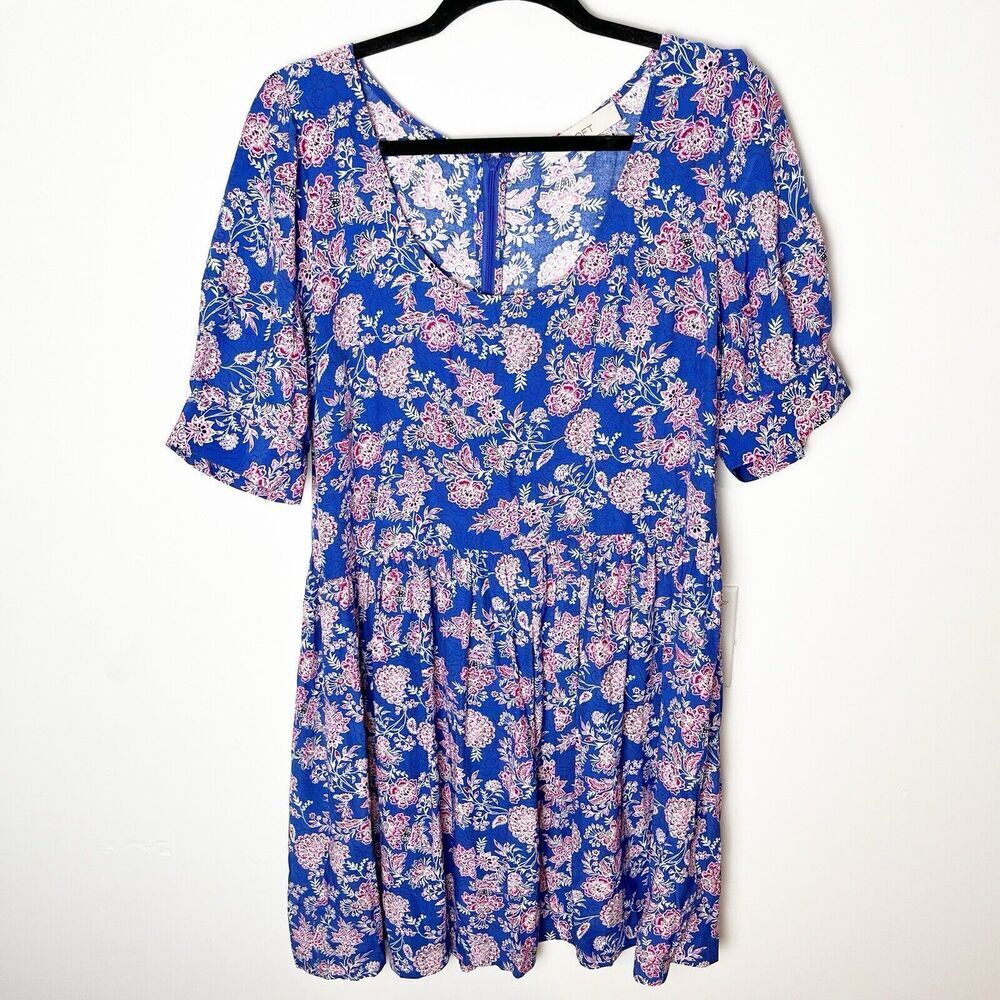 LOFT Dress Womens 12 Blue Floral Print Puff Sleeve Midi Scoop Neck​​
